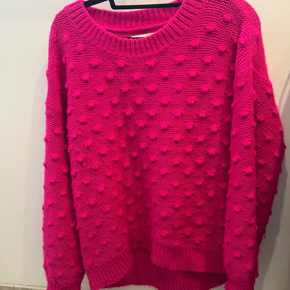 LOFT Pink Crew Neck Sweater with Textured Knit